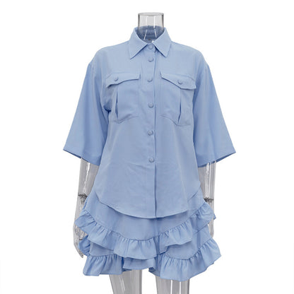 Ruffled Tiered Skirt Lapel Short-sleeved Shirt Two-piece Set - Enfance-Heureuse