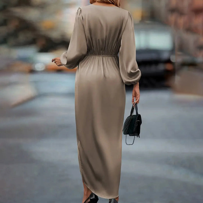 Women's Solid Color V-Neck Long Sleeve Dress With Elastic Cuffs & Asymmetrical Hem Draped Party Dress For Spring&Fall