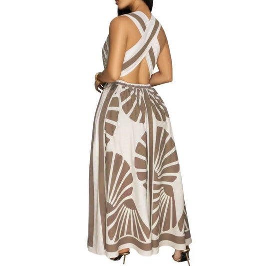 European And American V-neck Positioning Printing Backless Dress - Enfance-Heureuse