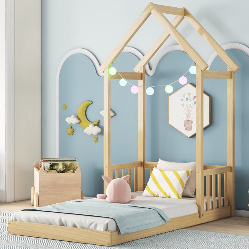 Twin House-shaped Roof Headboard Floor Bed,,without Slats,Natural - Enfance-Heureuse