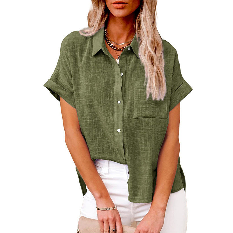 Summer Lapel Short Sleeve Shirt With Pockets Fashion Casual Solid Color Button Tops Women's Clothing - Enfance-Heureuse