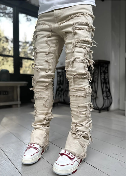 Men Trousers Individual Patched Pants Long Tight Fit Stacked Jeans For Mens Clothing - Enfance-Heureuse