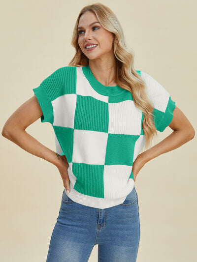 Double Take Full Size Checkered Round Neck Short Sleeve Sweater - Enfance-Heureuse