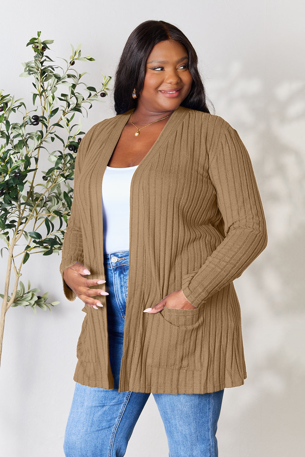Basic Bae Full Size Ribbed Open Front Cardigan with Pockets - Enfance-Heureuse