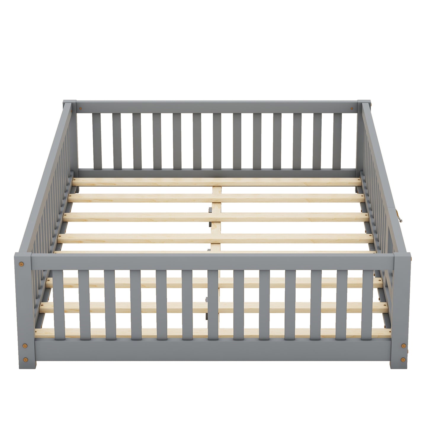 Full Size Bed Floor Bed With Safety Guardrails And Door For Kids, Gray - Enfance-Heureuse