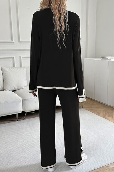 Devine Contrast Trim Round Neck Top and Pants Set - Enfance-Heureuse