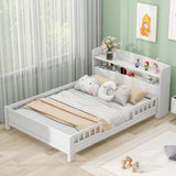Wood Full Size Platform Bed With Built-in LED Light, Storage Headboard And Guardrail, White - Enfance-Heureuse