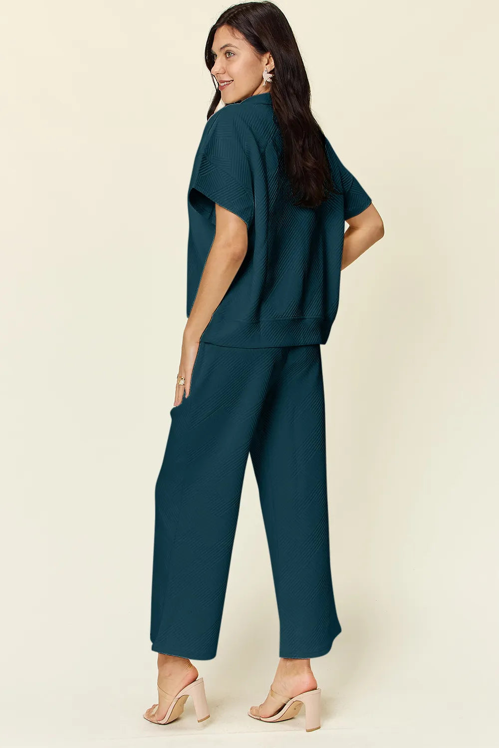 Double Take Full Size Texture Half Zip Short Sleeve Top and Pants Set - Enfance-Heureuse