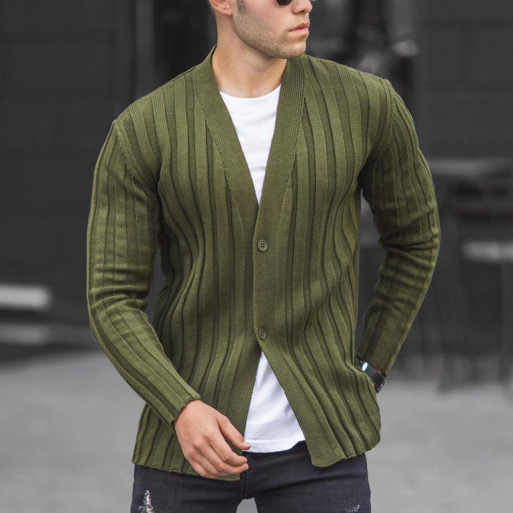 European And American Men's Solid Color Cardigan Pit Strip Casual Slim Sweater Knit Sweater - Enfance-Heureuse