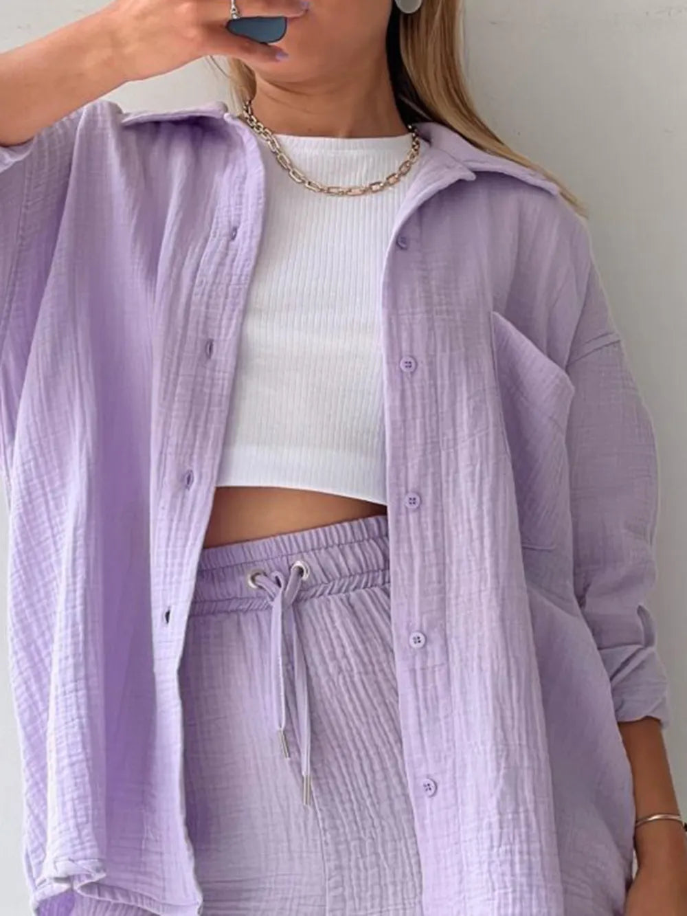 Texture Button Up Shirt and Drawstring Shorts Set - Enfance-Heureuse