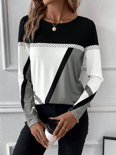 Contrast Round Neck Long Sleeve T-Shirt - Enfance-Heureuse