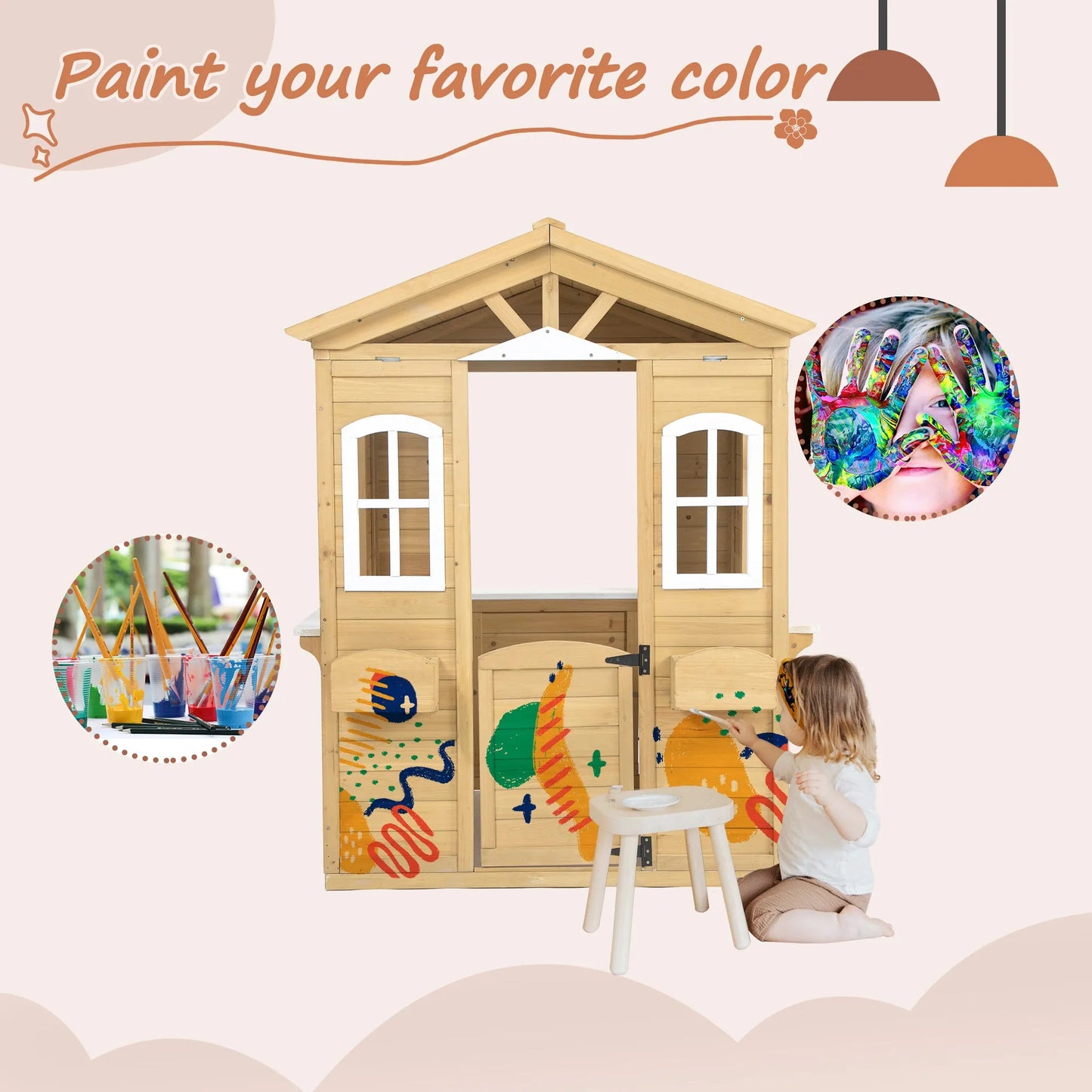 Wooden Outdoor Playhouse For Children With Work Doors, Windows, Mailbox, Flower Pot Stand - Enfance-Heureuse