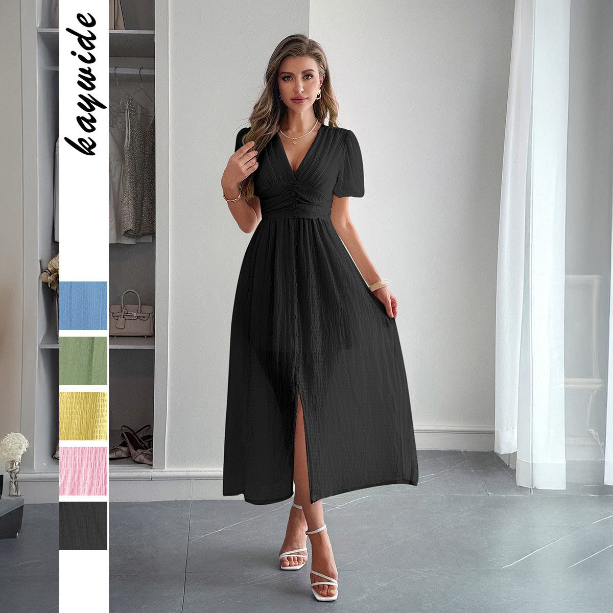 Elegant Vacation Style Deep V Short Sleeve Maxi Dress - Enfance-Heureuse
