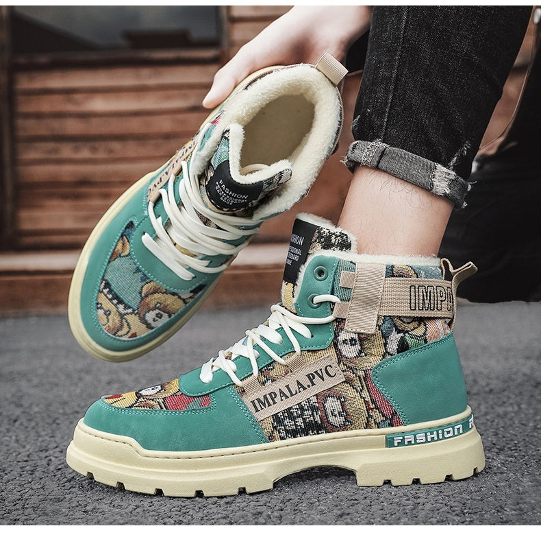 Fleece-lined Warm Martin Boots Worker Boot Men's Motorcycle Boots Student High-top Cotton Shoes - Enfance-Heureuse