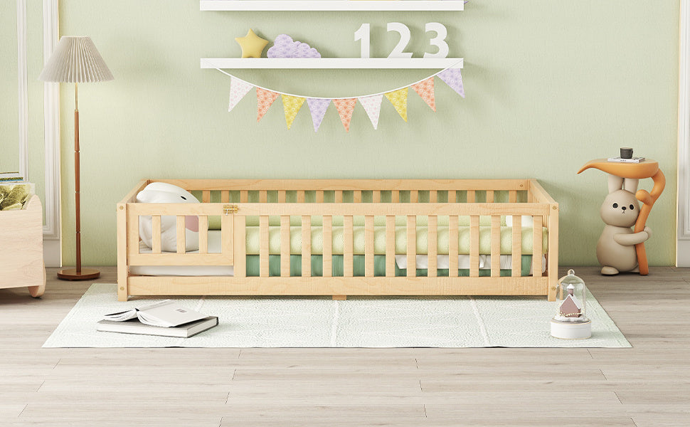 Twin Size Bed Floor Bed With Safety Guardrails And Door For Kids, Natural - Enfance-Heureuse
