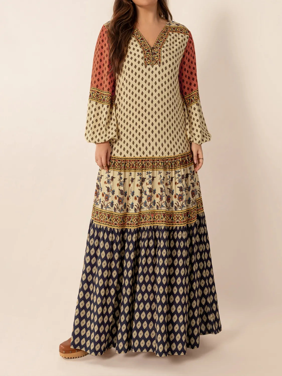 Printed V-Neck Balloon Sleeve Maxi Dress - Enfance-Heureuse