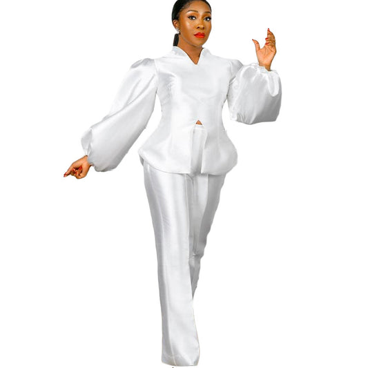 Women's Fashion Solid Color Puff Sleeve Top Wide Leg Pants Two-piece Set - Enfance-Heureuse