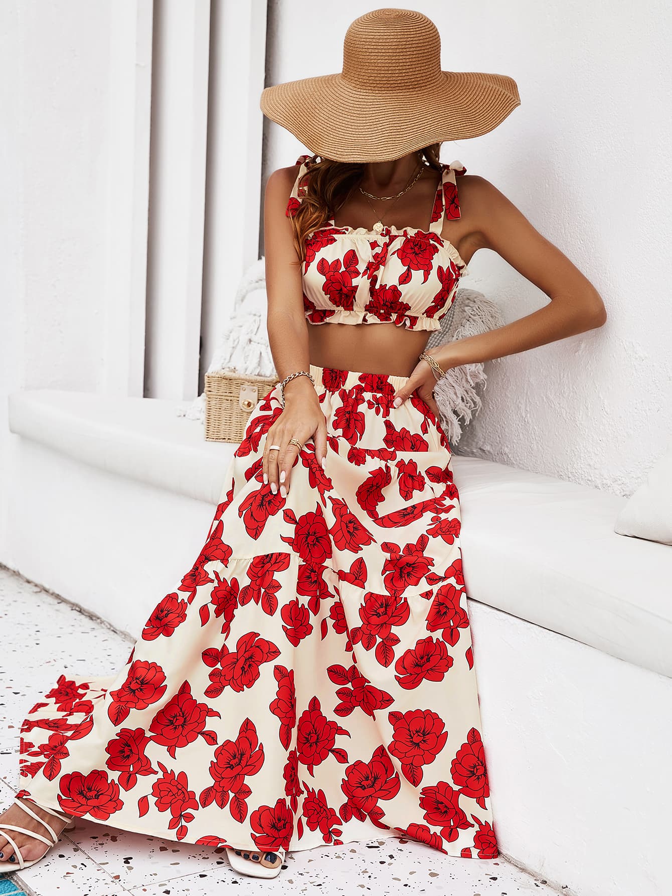 Honey Floral Tie Shoulder Top and Tiered Maxi Skirt Set - Enfance-Heureuse