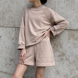 Women's Fashion Casual Solid Color Round Neck Long Sleeve Sweater Shorts Set - Enfance-Heureuse