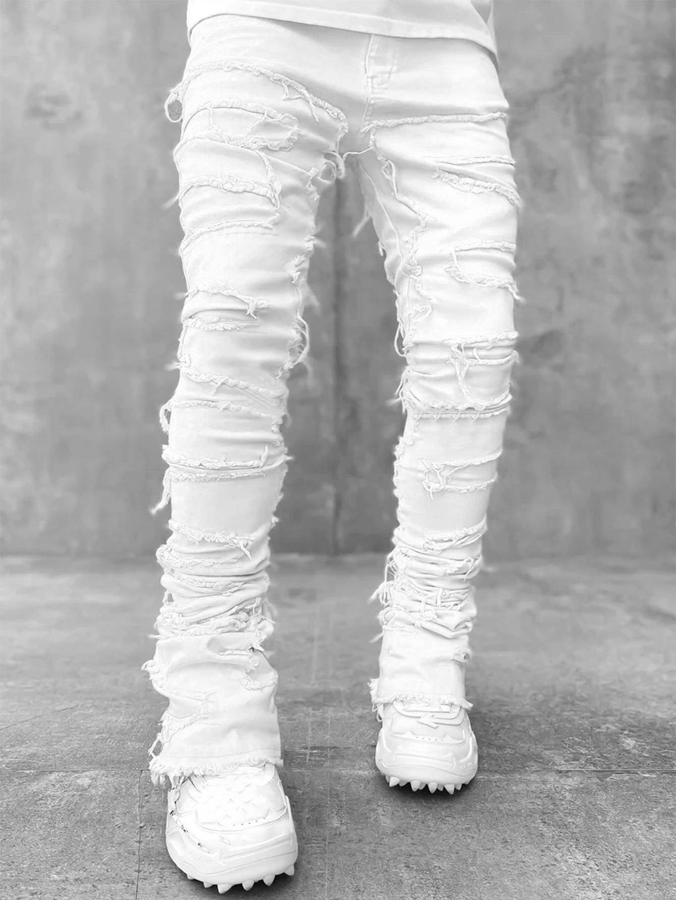 Men Trousers Individual Patched Pants Long Tight Fit Stacked Jeans For Mens Clothing - Enfance-Heureuse