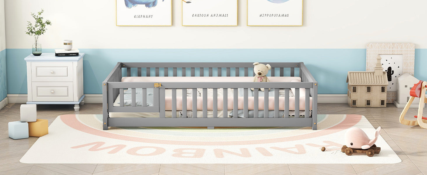 Full Size Bed Floor Bed With Safety Guardrails And Door For Kids, Gray - Enfance-Heureuse