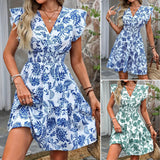 Women's V-neck Printed Waist-controlled Slimming Dress - Enfance-Heureuse