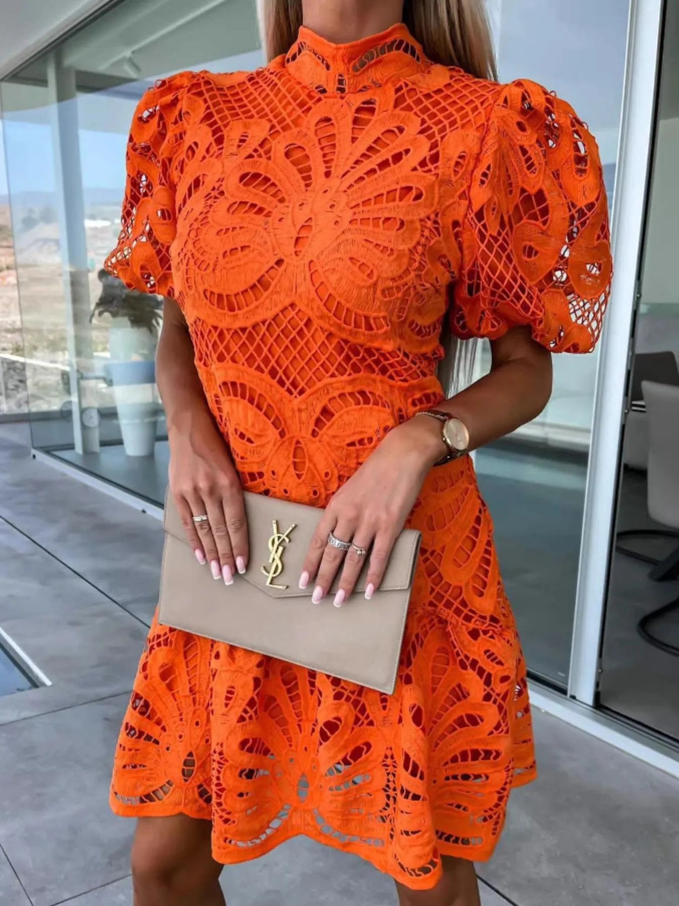 Lace Mock Neck Puff Sleeve Dress - Enfance-Heureuse