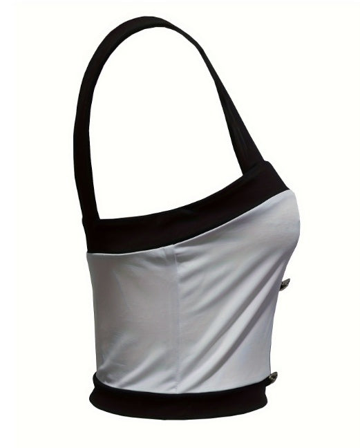 Women's Square Neck Sleeveless Color Blocked Versatile Slim Fit Vest - Enfance-Heureuse