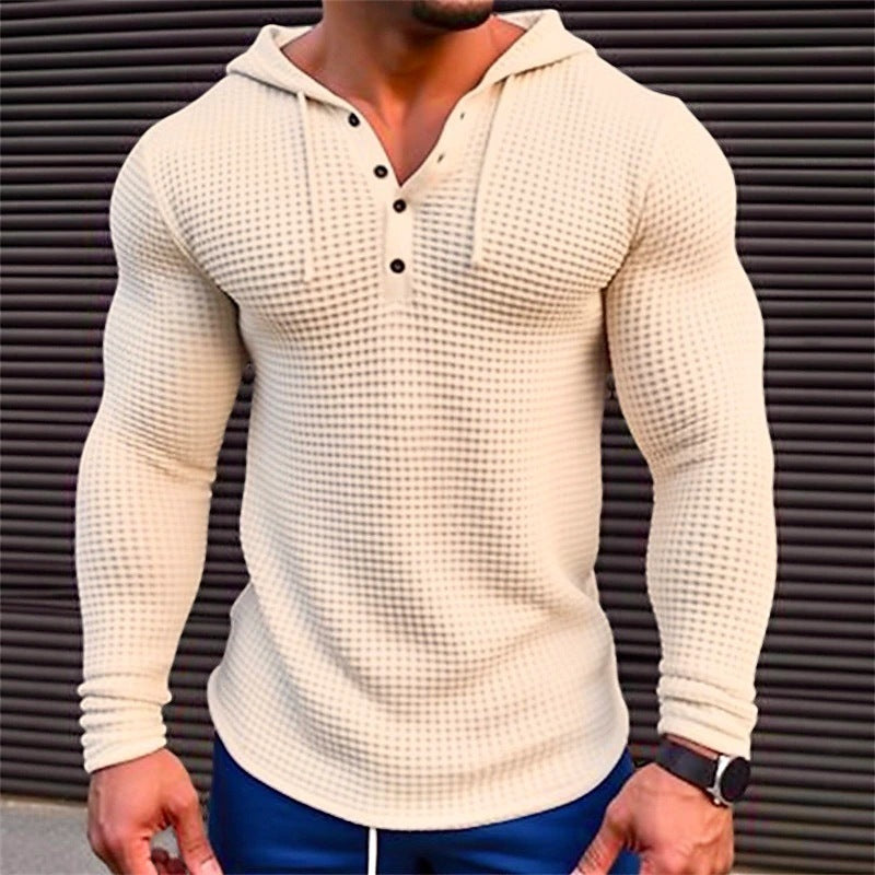 Men's Pullover Casual Long Sleeve T-shirt Waffler Slim Tops Sweat-shirt Solid Color Comfortable Mens Outdoor Streetwear S-3XL - Enfance-Heureuse