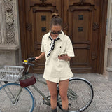 Lapel Short Sleeve Pocket Pullover Top High-waisted Trousers Skirt Two-piece Set - Enfance-Heureuse