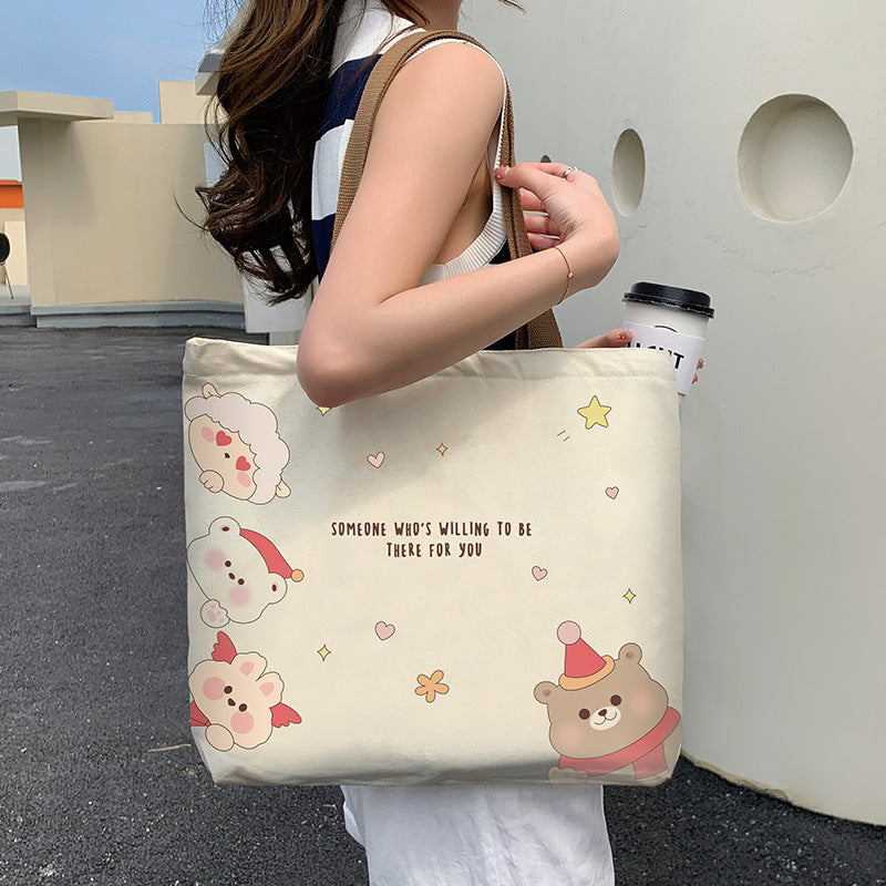 Cute Bear Printed Canvas Bag Women All-match Shoulder Bags Student Large Capacity Daily Handbags - Enfance-Heureuse