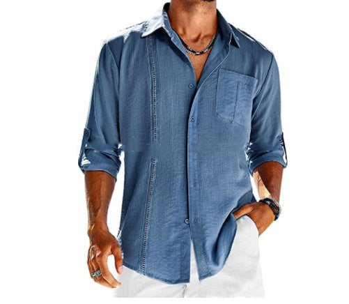 Chemise décontractée à manches longues avec poche, col polo en dentelle, couleur unie, boutons, vêtements pour hommes
