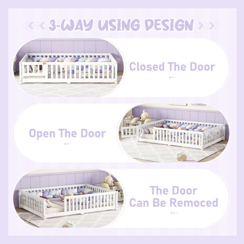 Full Size Bed Floor Bed With Safety Guardrails And Door For Kids, White - Enfance-Heureuse
