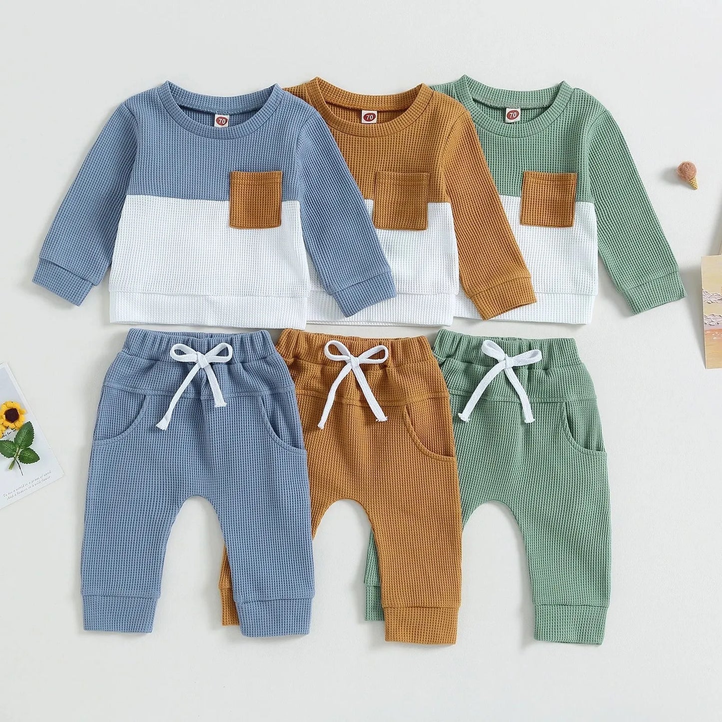 Color Matching Pocket Waffle Sweater Lace-up Sweatpants 2-Piece Children's Fashion Casual Wear Baby Suit - Enfance-Heureuse
