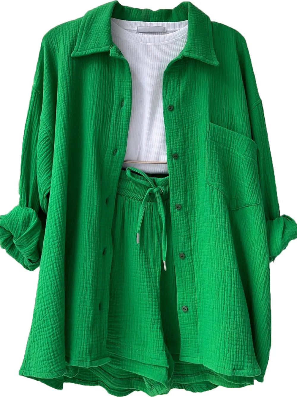 Texture Button Up Shirt and Drawstring Shorts Set - Enfance-Heureuse