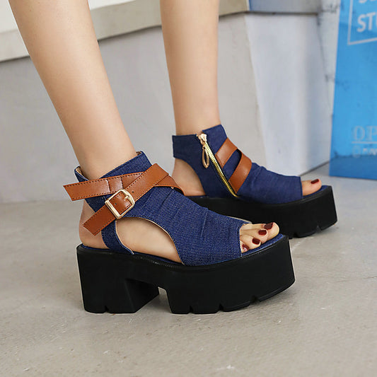Denim Women's Sandals Leather Ring Strap Peep Toe Cool - Enfance-Heureuse