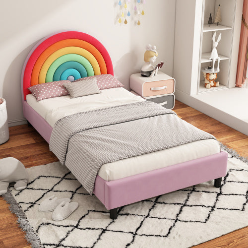 Rainbow Design Upholstered Twin Platform Bed Cute Style Princess Bed For Boys Girls, Teens - Enfance-Heureuse