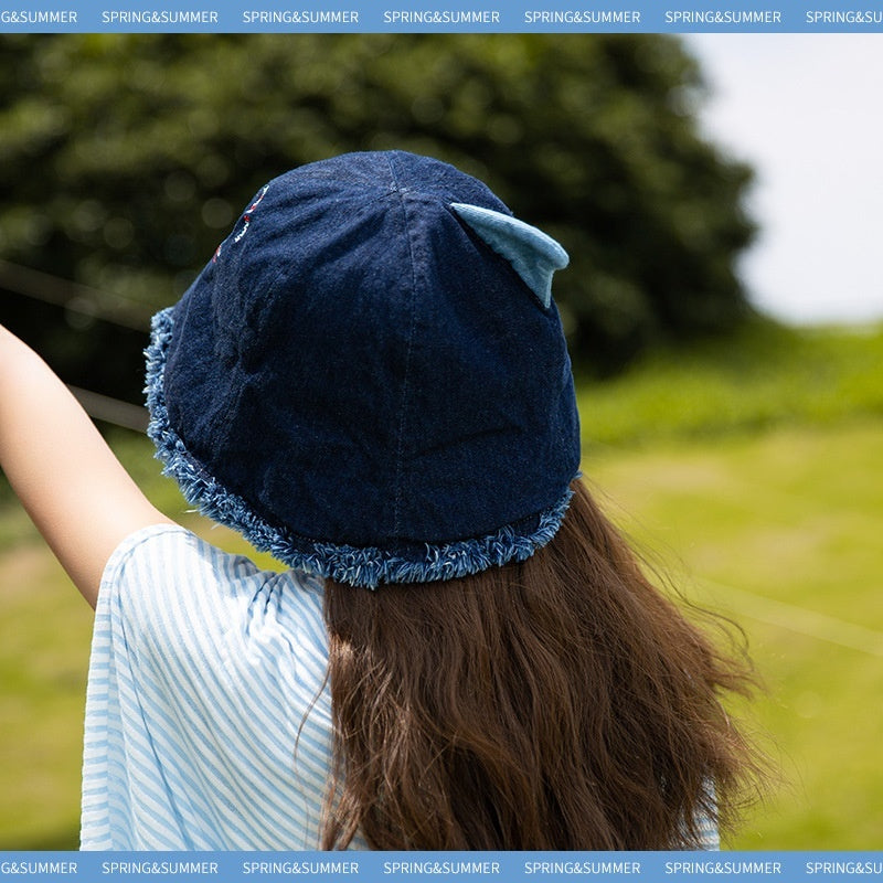 Japanese Shark Cartoon Bucket Hat Washed Denim Big Head Circumference Sun-proof Basin Hat