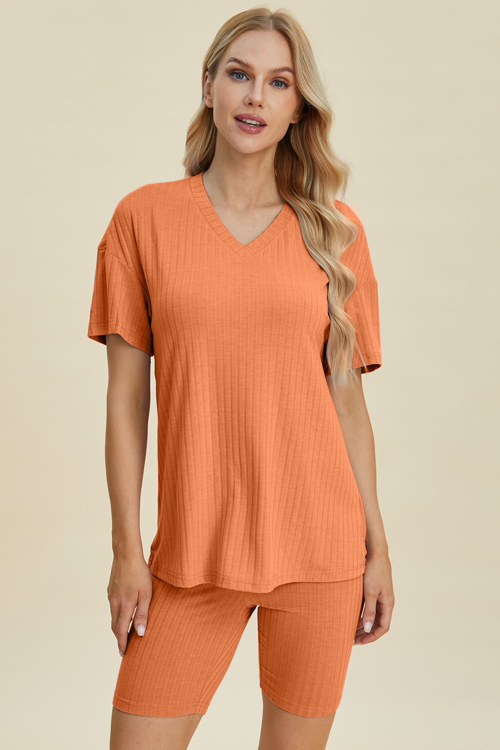 Basic Bae Full Size Ribbed V-Neck Short Sleeve Top and Shorts Set - Enfance-Heureuse