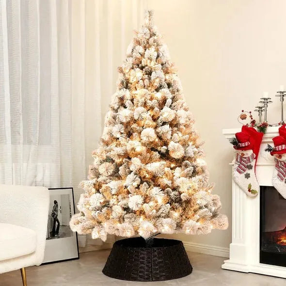 HOMCOM 6.5 Ft Pre-Lit Artificial Christmas Tree With 350 Clear Lights And 1107 Tips, Snow Flocked Christmas Tree With Metal Stand, Hinged Xmas Tree For Home Office Holiday, Green - Enfance-Heureuse