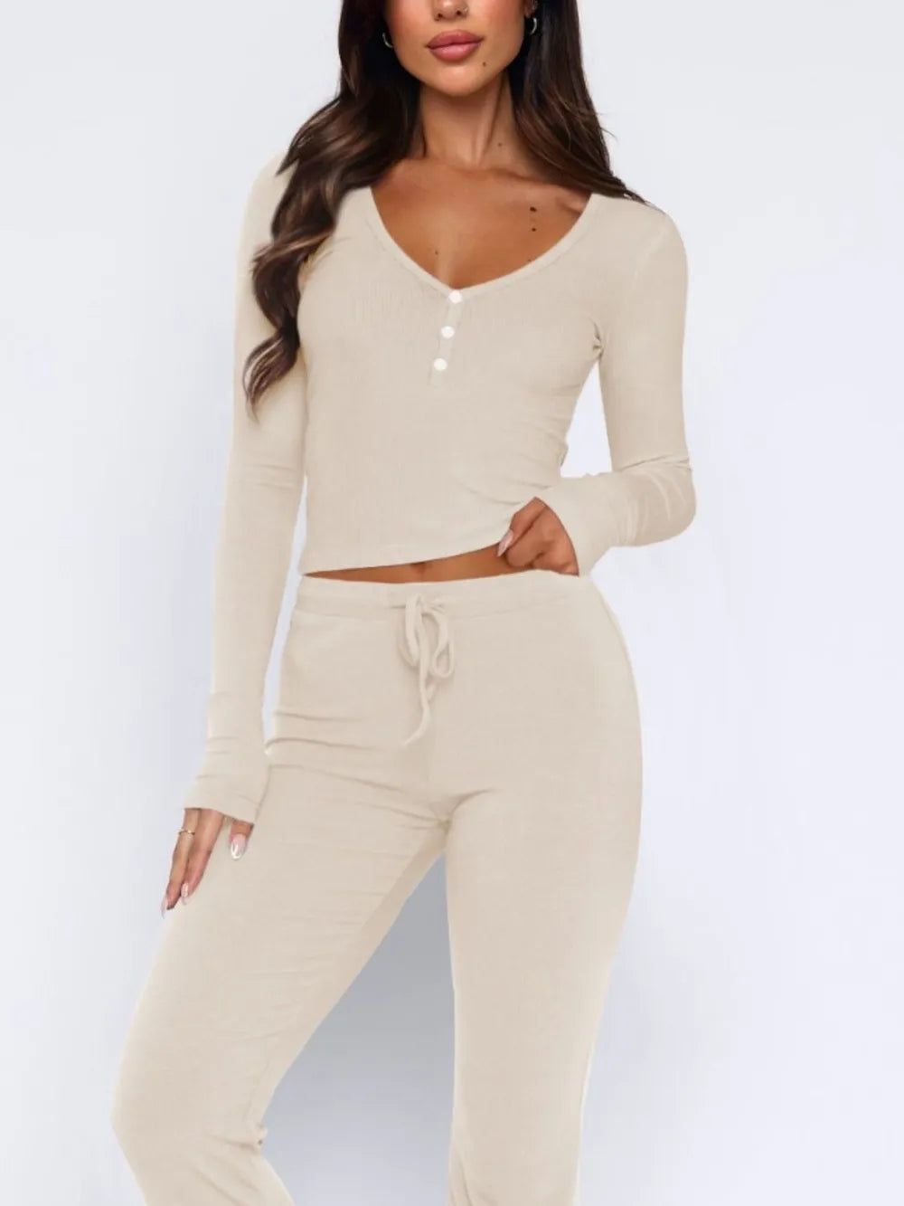V-Neck Long Sleeve Top and Pants Set - Enfance-Heureuse