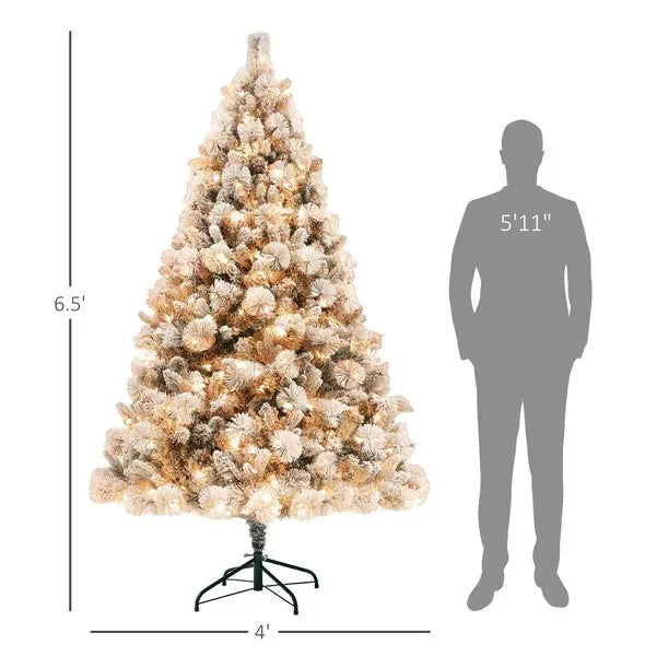 HOMCOM 6.5 Ft Pre-Lit Artificial Christmas Tree With 350 Clear Lights And 1107 Tips, Snow Flocked Christmas Tree With Metal Stand, Hinged Xmas Tree For Home Office Holiday, Green - Enfance-Heureuse