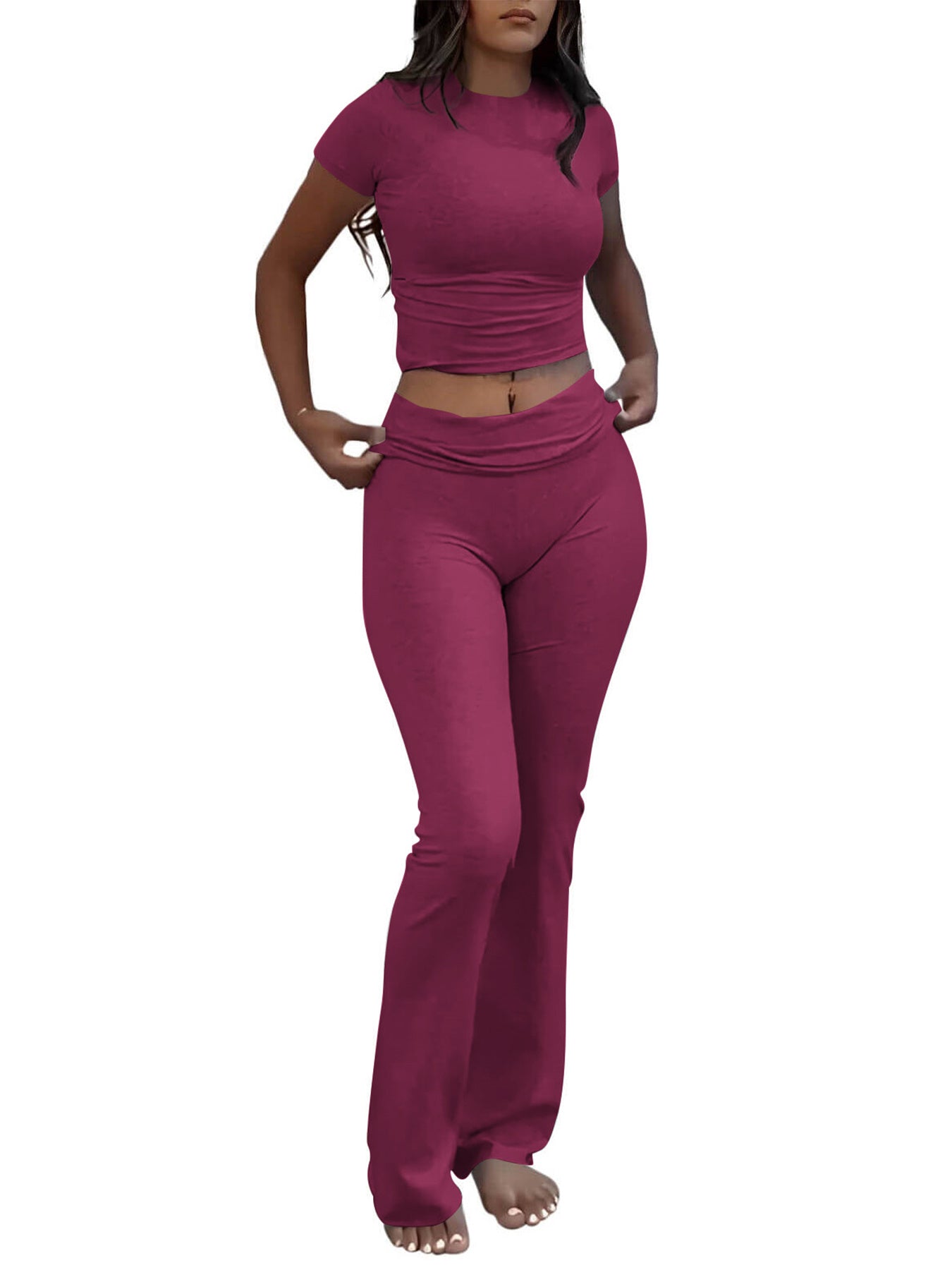 Casual Solid Color Slim Fit Two-piece Pants Set, Short Sleeved Round Neck T-shirt And Tight Flared Pants Sports Pants Clothing, Women's Clothing - Enfance-Heureuse