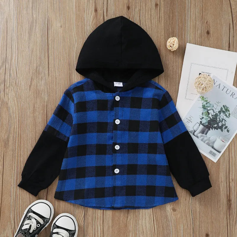 Hooded Plaid Sleeves Single Breasted Top Boys Middle Child Shirt Jacket - Enfance-Heureuse