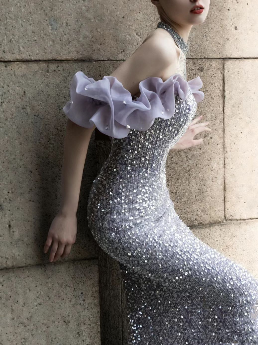 Purple Host Starry Sky Annual Meeting Beaded Toast Dress Halter Model Catwalk Fishtail - Enfance-Heureuse