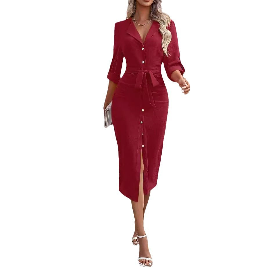 Women's Solid Color Polo Collar Lace-up Waist Dress - Enfance-Heureuse