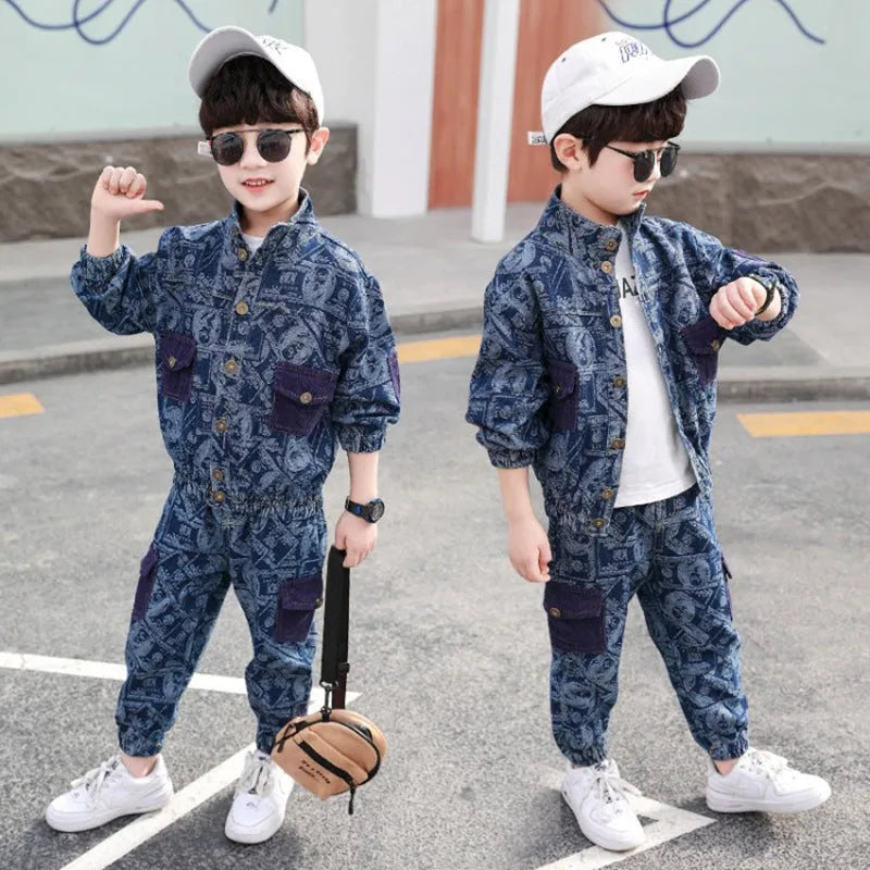 Fashion Simple Print Boy Denim Suit - Enfance-Heureuse