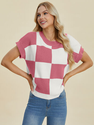 Double Take Full Size Checkered Round Neck Short Sleeve Sweater - Enfance-Heureuse