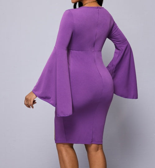 Women's Solid Color Lace Sleeve Casual Hip Hugging Dress - Enfance-Heureuse