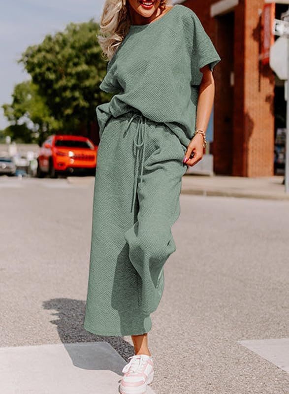 Solid Color Texture Casual Fashion Women's Wear Short-sleeved Trousers Two-piece Set - Enfance-Heureuse